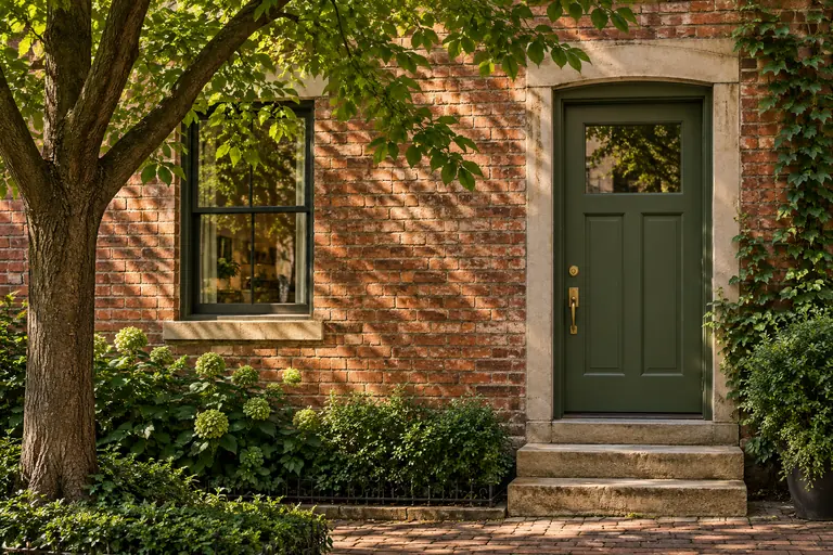 Green entrance door in a brick building