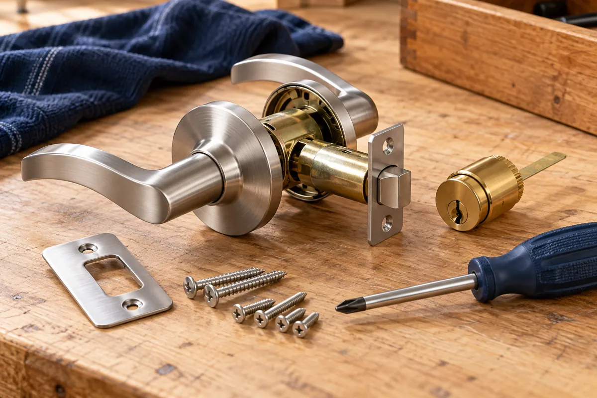 Door lever, latch and cylinder arranged on a maintenance bench