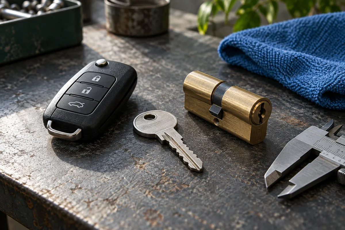 Car remote and keys on a locksmith workbench