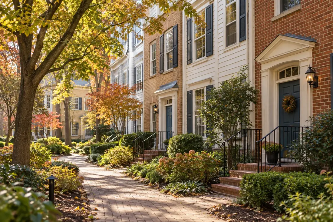 Leafy pedestrian path between townhome entrances