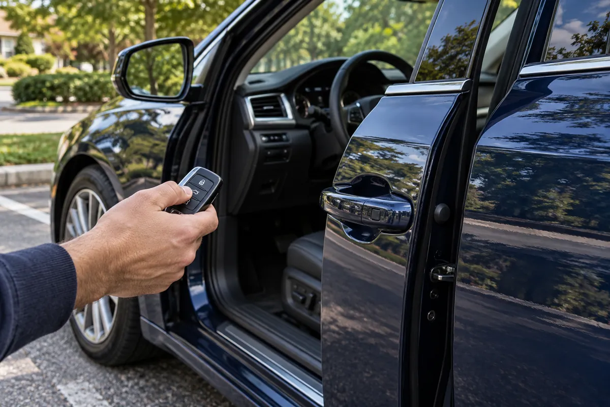 Car remote beside the open driver door of a blue sedan