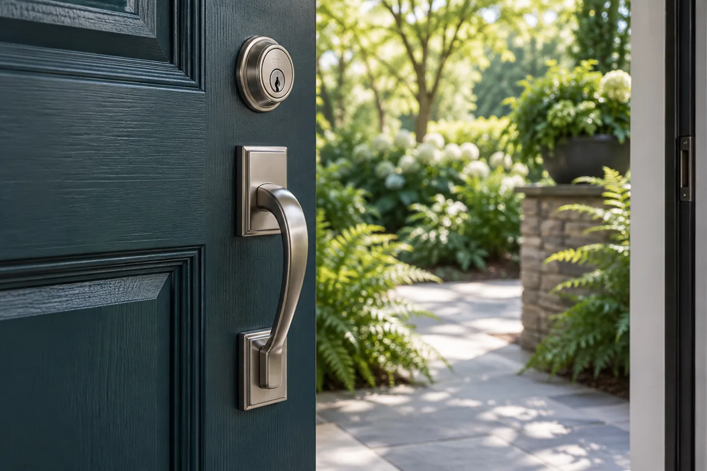 Nickel handle and deadbolt on a dark teal front door